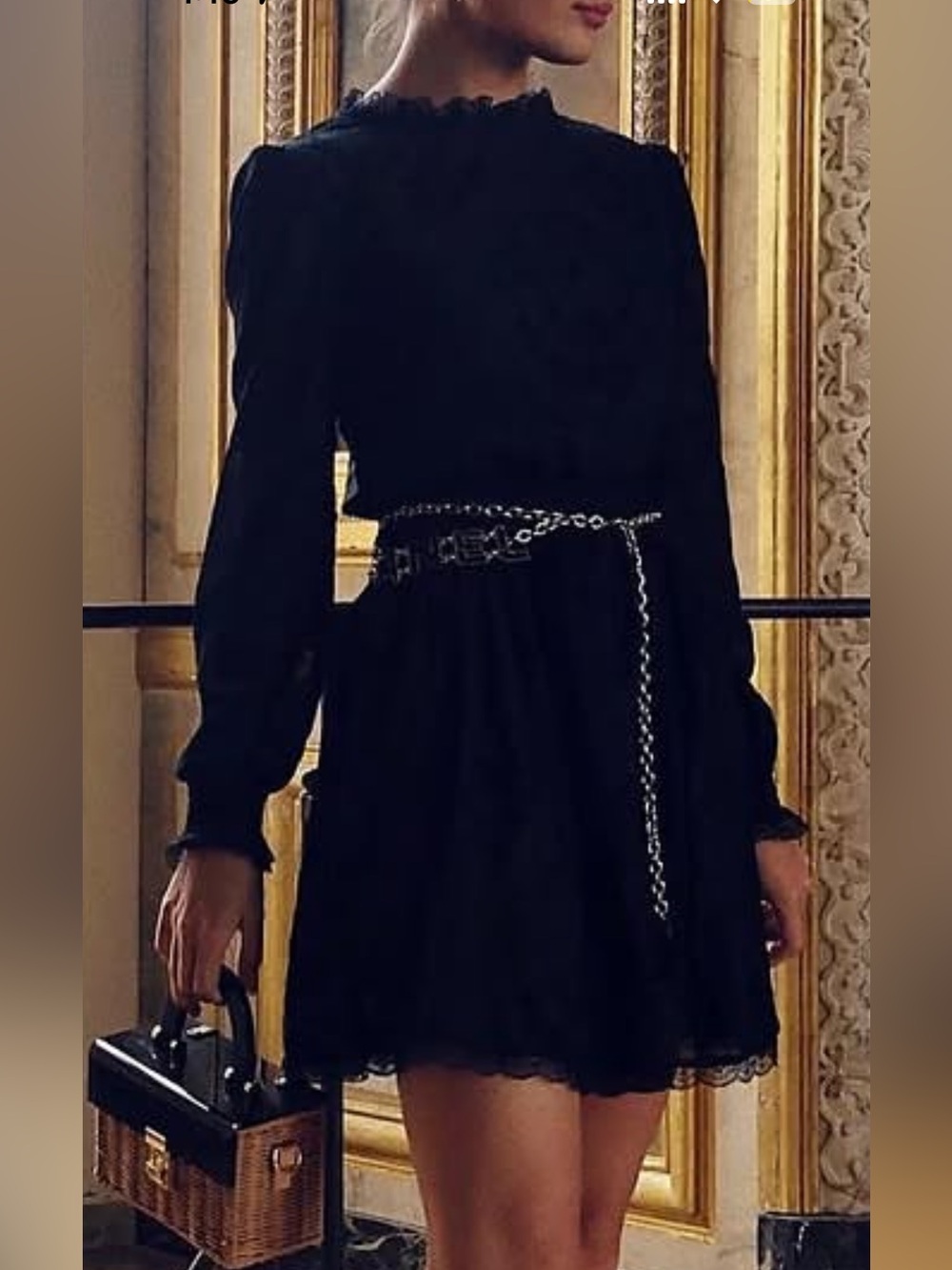 DJI Black Long-Sleeve Lace-Trim Smocked Waist Dress
